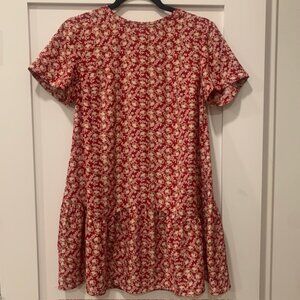 LOFT Petite Red Floral Swing Dress XSP Ruffle Hem Cottagecore Summer Mini